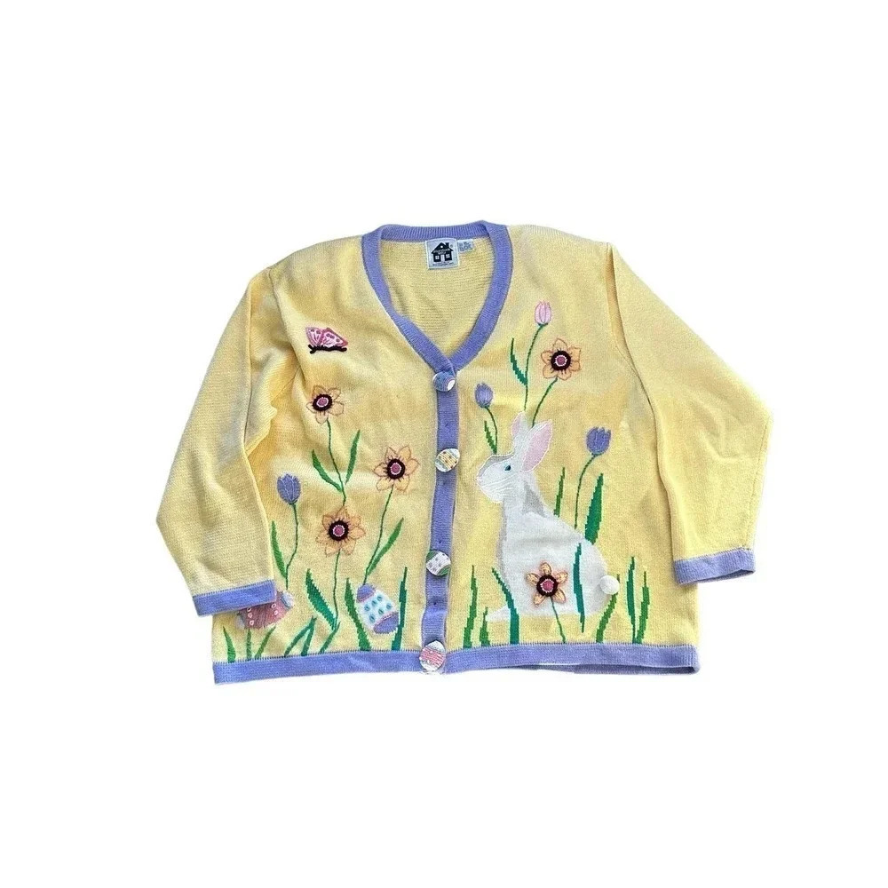 Storybook Knits Women Yellow Button Down Floral Rabbit Cardigan Plus Size 3X